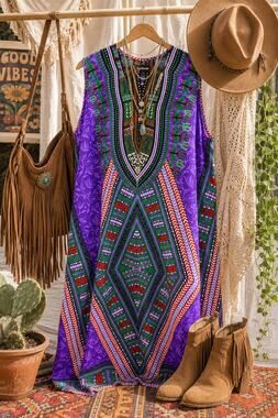 Sunflower Free Size Purple Dashiki Print Sleeveless Tunic Dress